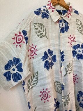 Vintage True Grit 100% Irish Linen Floral Camp Button Shirt Short Sleeve sz XL